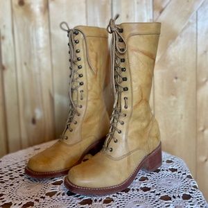 Frye campus lug lace up neutral tan leather tall boots